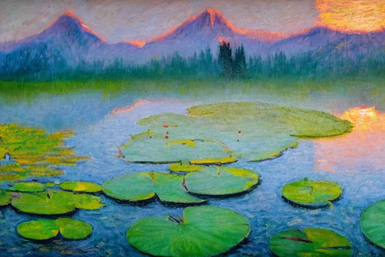 Image similar to impressionism painting of a pond of water lily on a foggy morning, sun low on horizon through snow capped mountains, soft light, misty