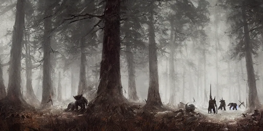 Image similar to a painting of a group of medieval villagers with rifles being attacked by 3 big wolves in a foggy dense forest by greg rutkowski, dark fantasy art, high detail, trending on artstation