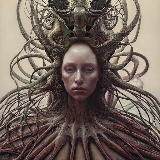 Image similar to queen of neptune by zdzisław beksinski, iris van herpen, raymond swanland, alexander mcqueen, craig mullins and alphonse mucha. highly detailed, hyper - real, beautiful