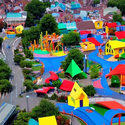 Prompt: A city but the buildings shaped like parts of a colourful play park, colourful, city, play park, dreamy