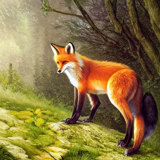 Prompt: Portrait of a fox on the edge of a cliff overlooking a lush green forest, by Anna Dittmann and Ilya Kuvshinov, Nikolay Makovsky, fantasy, high detail, elegant, digital painting, WLOP, natural light, vibrant, intricate, textured skin, highly detailed, artstation, sharp, focus, illustration, Nikolay Makovsky