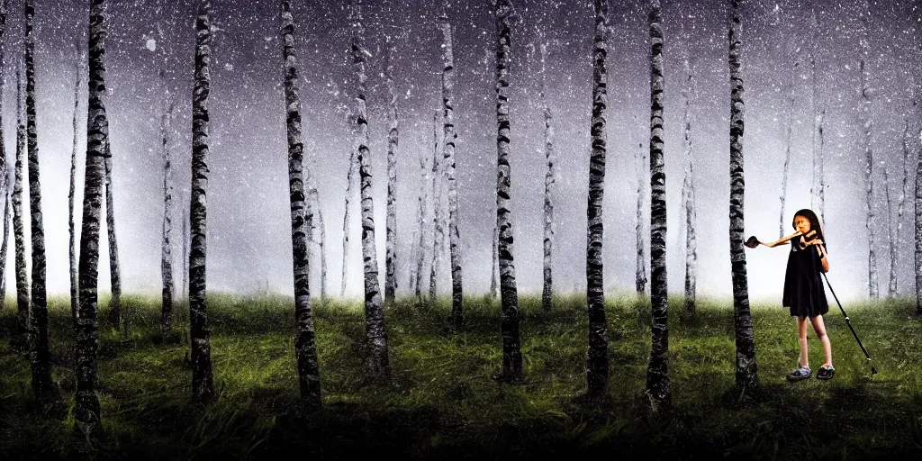 Image similar to young girl playing flute in the middle of a birch forest during a storm at night, lightning dragons race down toward her, low angle facing sky, cinematic, dramatic lighting, high contrast