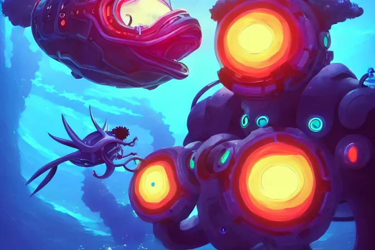 Prompt: afro - futurist scuba divers escaping an alien leviathan, gigantic angler fish with glowing eyes | hyperrealistic digital painting by makoto shinkai, ilya kuvshinov, lois van baarle, rossdraws | afrofuturism in the style of hearthstone and overwatch, trending on artstation