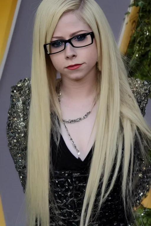 Prompt: Avril Lavigne with mid-length white hair and black rimmed glasses. She is hacking the mainframe. Award Winning. In the style of Thomas Kinkade.