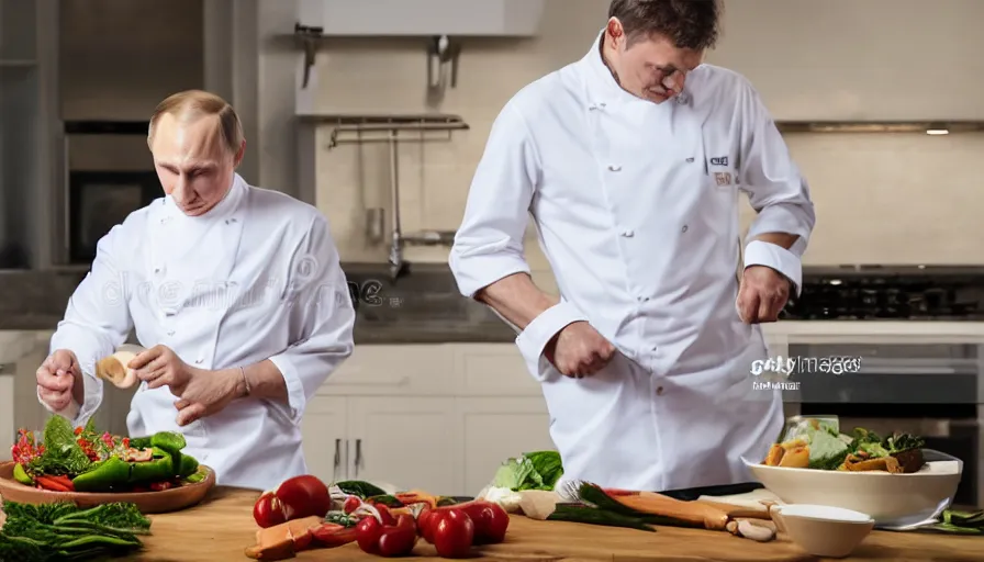 Image similar to vladimir putin in white apron in kitchen cooking dinner. stock photo, high key lighting, photograph