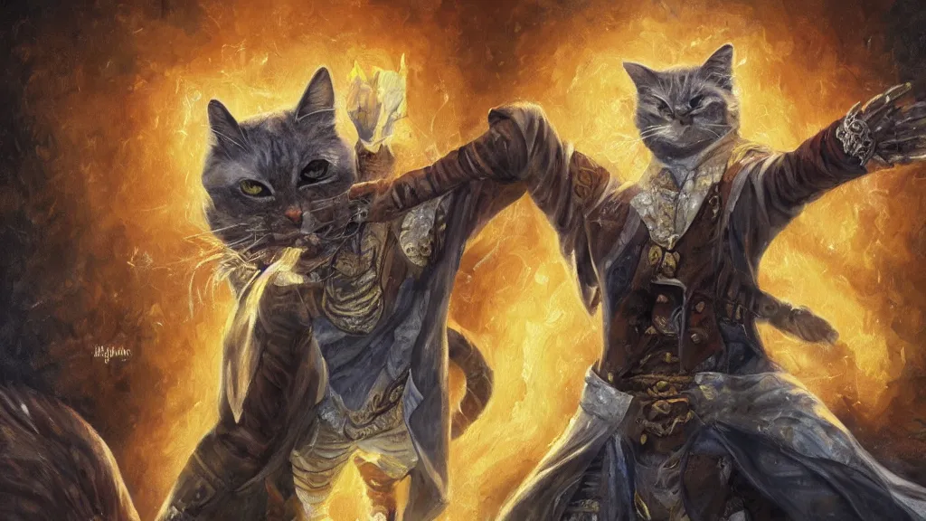 Prompt: oil painting of a anthropomorphic cat wizard. high definition, sharp, epic fantasy, rpg, digital art