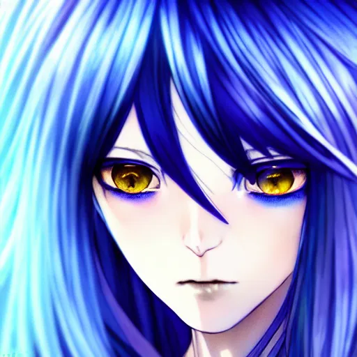 Image similar to attractive long blue - haired girl with bangs gothic anime character with amber eye color gold, fantasy, screenshot, anime, sharp focus, intricate, illustration, cell shaded, digital painting, highly detailed, concept art, matte, art by ilya kuvshinov and kyoto animation and wlop, and greg rutkowski, studio quality, james jean, artem demura