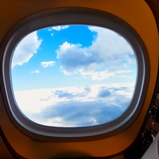 Image similar to beautiful sky from inside airplane window sun big fluffy clouds close ultra realistic 4k