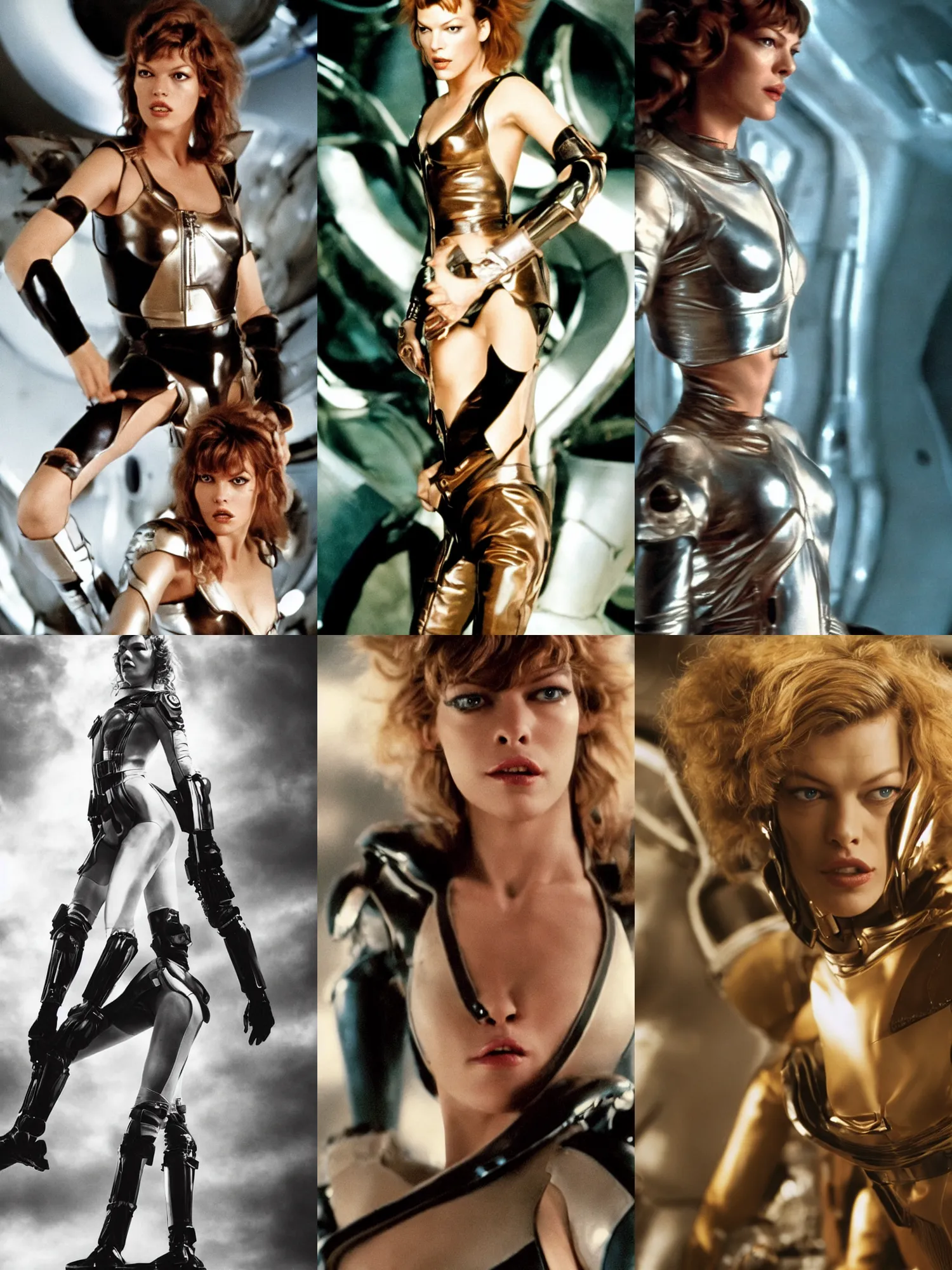 Prompt: a portrait of milla jovovich as barbarella wearing a leather spacesuit, beautiful, soft focus, depth of field, cinematic, film grain, wide shot, in the style of kubrick, ridley scott, star wars