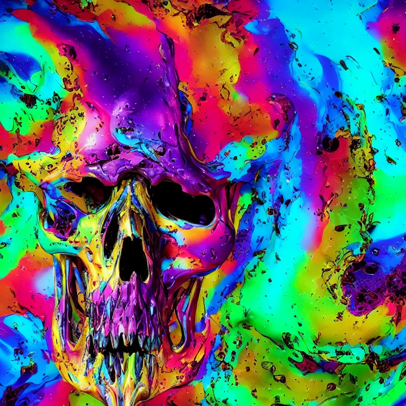 Image similar to colorful melting raven skull. ferrofluids, intricate abstract. intricate artwork. by Tooth Wu, wlop, beeple, dan mumford. octane render, trending on artstation, greg rutkowski very coherent symmetrical artwork. cinematic, hyper realism, high detail, octane render, 8k, depth of field, bokeh. iridescent accents