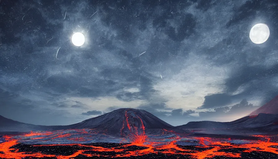 Image similar to volcano at night, island in front of the full moon, shimmering stars, moody atmosphere, glowing lava, water, unreal engine, realistic shading, realistic render, octane render, detailed textures, photorealistic, wide shot