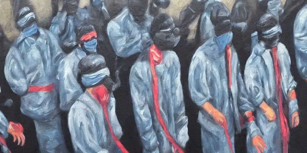 Prompt: detailed painting of blindfolded people