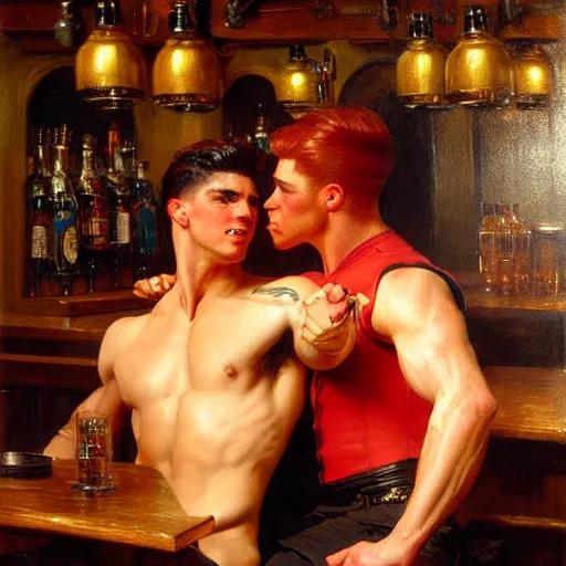 Image similar to attractive muscular male with red hair and muscular attractive male with black hair, drinking their hearts out, in a pub. very defined and highly detailed painting by j. c. leyendecker, gaston bussiere, craig mullins 8 k