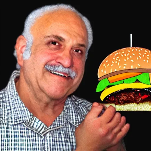 Prompt: Danny DeVita holding a burger looking at you through a peephole, realistic image, clear image, high definition image