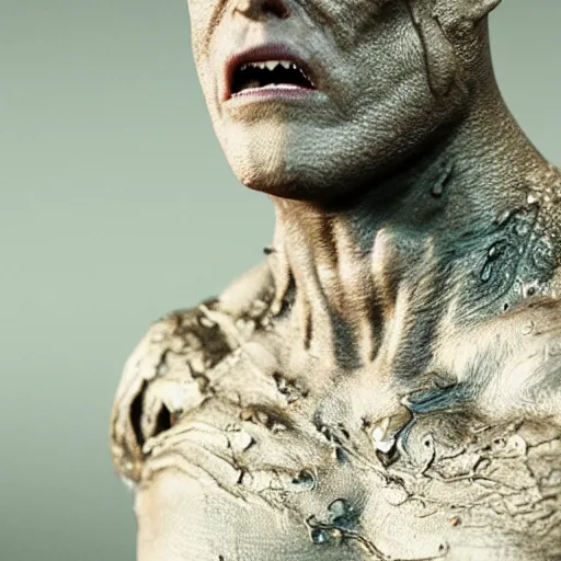 Image similar to photo taken of an epic intricate, ultra detailed, super realistic gritty, wet, lifelike sculpture of saitama from one ounch man with patches of skin created by weta workshop, zoomed in shots, subsurface scattering, photorealistic, sharp focus, white wall coloured workshop, cold colour temperature, f 0. 4, face centred, golden ratio