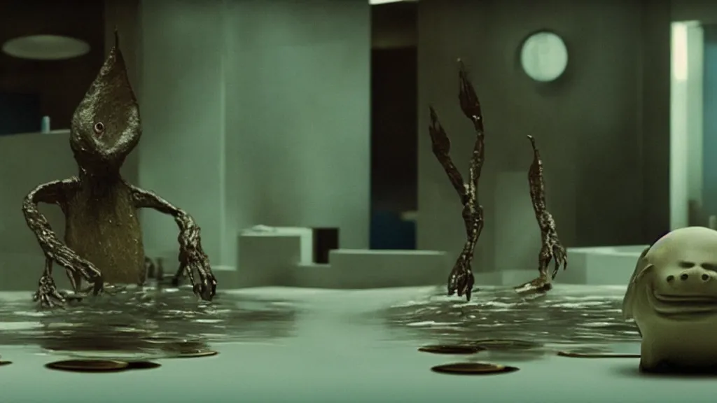 Image similar to the strange creature at the bank that took my money, made of water and oil, film still from the movie directed by Denis Villeneuve with art direction by Salvador Dalí, wide lens