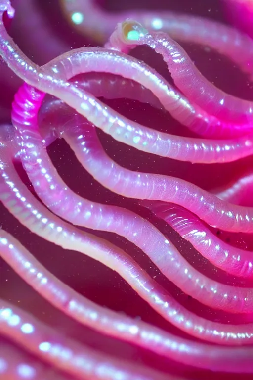 Image similar to high quality macro photo pearlescent gelatinous worms! gorgeous highly detailed hannah yata elson peter cinematic pink lighting high quality low angle hd 8k sharp shallow depth of field