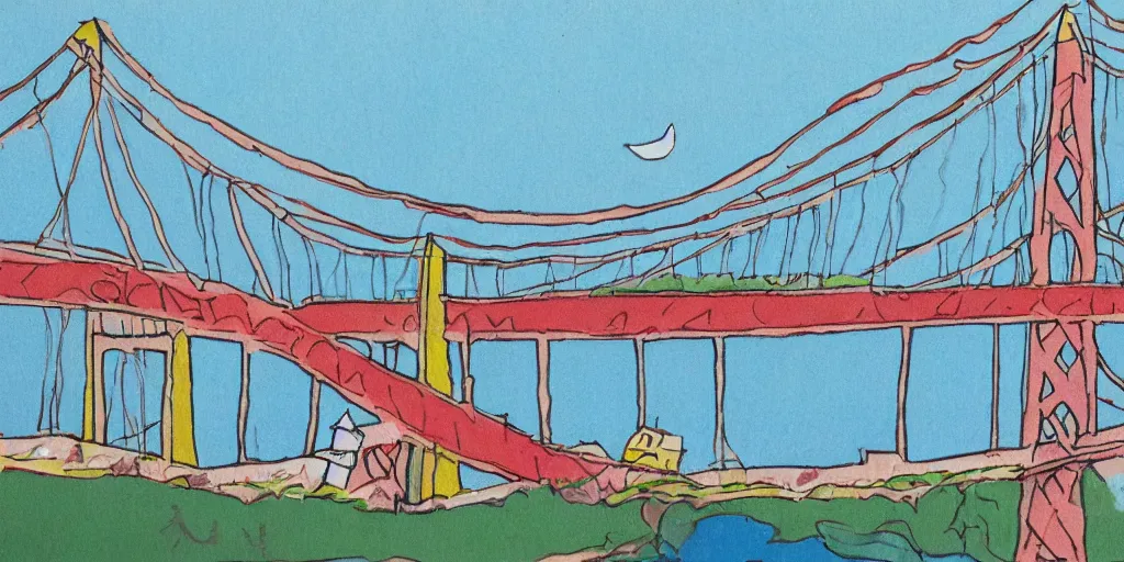 Prompt: collapsed san francisco bridge, childrens drawing