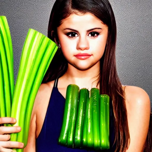 Prompt: selena gomez with celery body, celery hands, celery hair