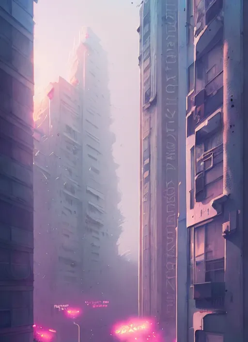 Image similar to highly detailed matte painting, of a 3 d calligraphy graffiti tag light eroding grey walls highrise buildings, by atey ghailan, by greg rutkowski, by greg tocchini, by james gilleard, by joe fenton, by kaethe butcher, pink, brown, light blue and white mystical color scheme, grunge aesthetic, octane render