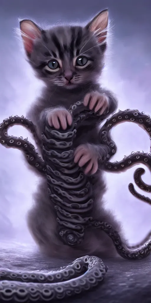Prompt: an adorable kitten slowly transforming into a tentacle monster, matte oil painting, concept art, dnd, clear, crisp, sharp, fur, eldritch, award - winning, extremely detailed, 4 k, 8 k