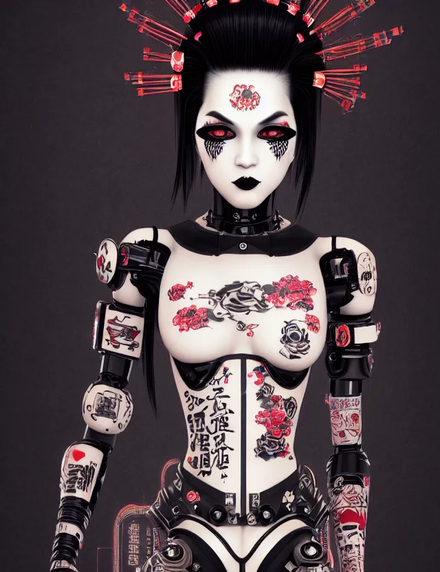 Image similar to full body portrait of a gothic style punk geisha robot with kanji tattoos and decals wearing a digital pixelated kimono, intricate design, photo - realistic, octane render, dark colour palette, ultra fine detailed, character design, trending on artstation