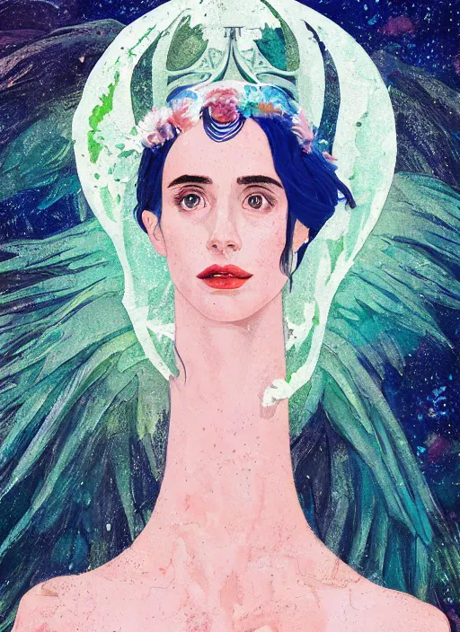 Image similar to a close up gouache painting portrait of emma roberts krysten ritter as the angel of the apocalypse in the style of horizon zero dawn, by victo ngai, by odilon redon, by delphin enjolras, by hikari shimoda,.