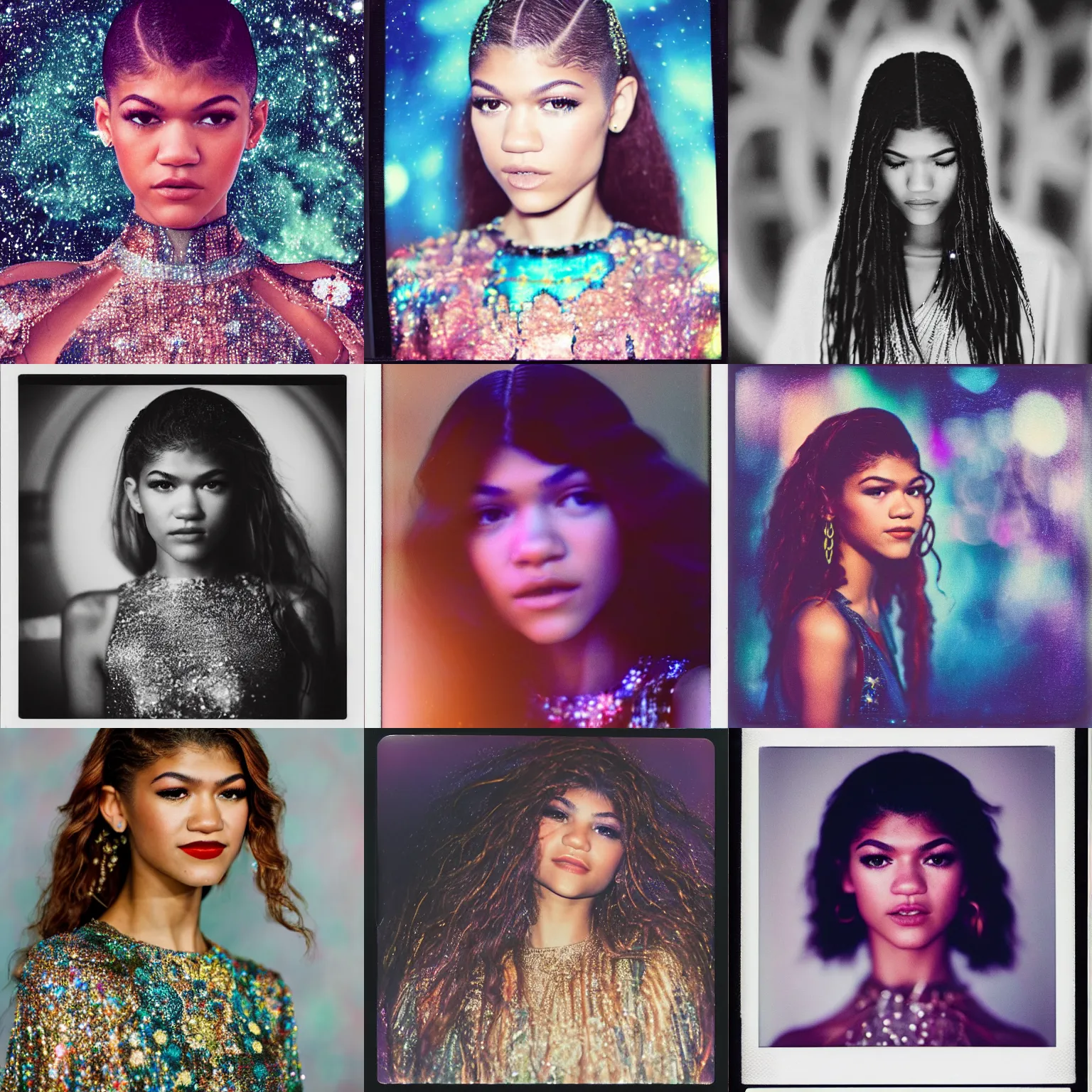 Prompt: grainy color polaroid of Zendaya in space, dreamlike, intricate detail, sigma 85mm f/1.4, 4k