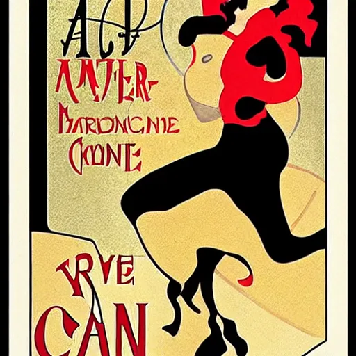 Image similar to art nouveau champagne poster with a happy girl dancing cancan