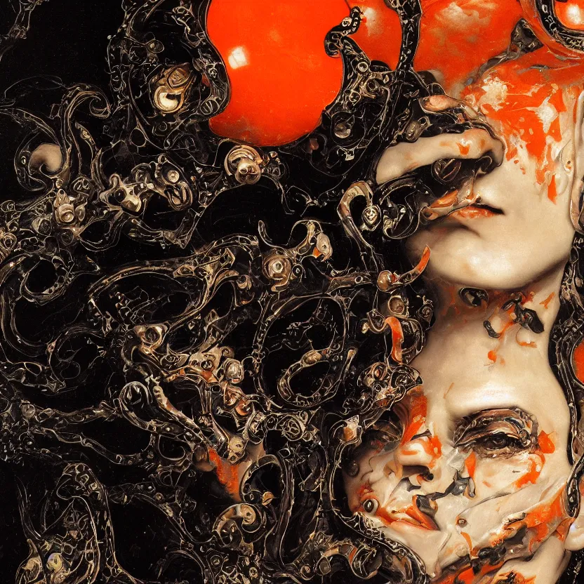 Prompt: a dark baroque close - up portrait of an ornate orange and white porcelain being made out of white sci - fi vitrified translucent ceramic marble ; china. reflective detailed textures. gloomy black background. highly detailed fantasy science fiction painting by moebius, norman rockwell, frank frazetta, and syd mead. rich colors, high contrast. artstation