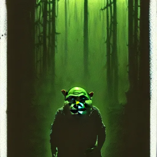 Prompt: old polaroid of creepy shrek staring from the depths of the dark gloomy forest, art by beksinski, bernie wrightson, john carpenter, creepy pasta, photorealistic, grainy, found footage, old film, low quality, horror, creepy, unsettling, terrifying