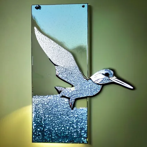 Prompt: wall art of a real life kingfisher made out of reflective crystal and very reflective polished metal, in the background is a forest, product photography