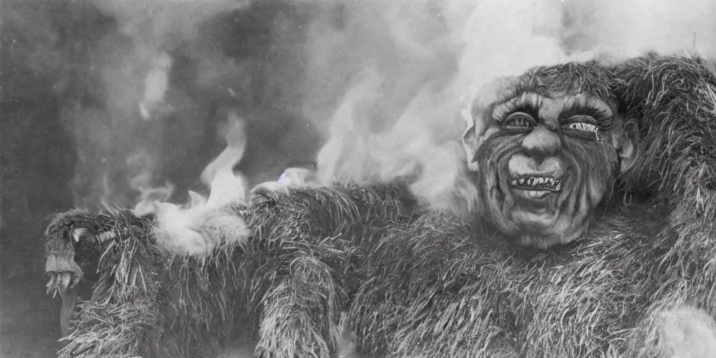 Image similar to 1 9 2 0 s photography of krampus hay monster burning, dolomites