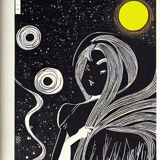 Prompt: ikea manual by osamu tezuka. a beautiful illustration of a woman with long flowing hair, wild animals, & a dark, starry night sky.