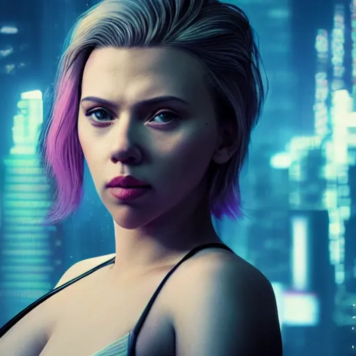 Prompt: ultra realistic and intricate detailed photoshoot of Scarlett Johansson as a cyberpunk woman looking out at city, neon, cyberpunk, technology, innovation, bright modern style, blade runner, artstation, unreal render, depth of field, ambient lighting, award winning, stunning