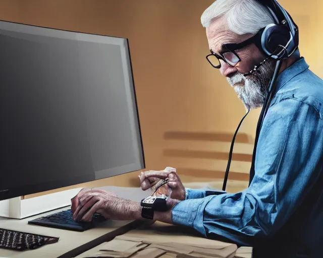 Prompt: old man hipster using desktop gaming computer, wearing headset, sitting at desk, cinematic, 4k, hyper realistic, super detailed, colorful accents, golden ratio, highly detailed professional photo, centered, rim lights, vray caustics