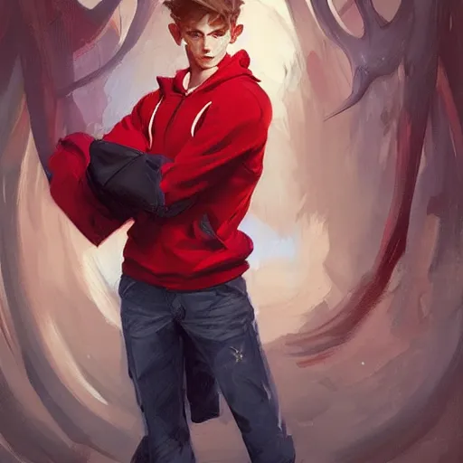 Image similar to a preppy magic student boy wearing a red hoodie, d & d, fantasy, intricate, cinematic lighting, highly detailed, digital painting, artstation, concept art, smooth, sharp focus, illustration, art by artgerm and greg rutkowski and alphonse mucha