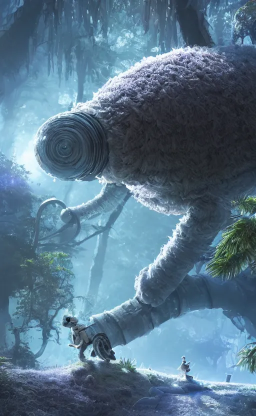 Image similar to microscopic tardigrade, microbiology, magical forest, ruins, civilization, futuristic, sharp focus, electric, backlight, furry, soft, concept art, intricate details, highly detailed, photorealistic, disney pixar, octane render, iridescent, global illumination, anime, 8 k