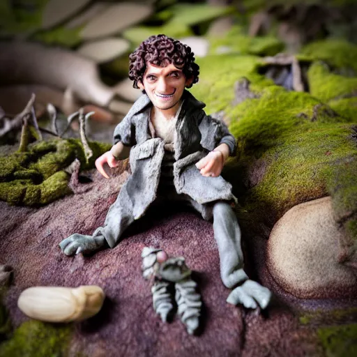 Image similar to high - res photograph of a claymation sculpture action figure cute frodo, highly detailed sculpey diorama, forest setting, waterfall backdrop, realistic materials, wood, felt, cloth, burlap, smooth, sharp foccus, commercial product photography,