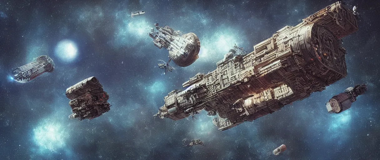 Image similar to tiny spaceship, deep space exploration!!!, flying, the expanse tv series, industrial design, the final frontier, illustrative!!, punk!!!, space pirate, hyperdetailed, hyperrealistic, utilitarian cargo ship, underexposed, cinematic lighting, 4k, wide angle, beksinski