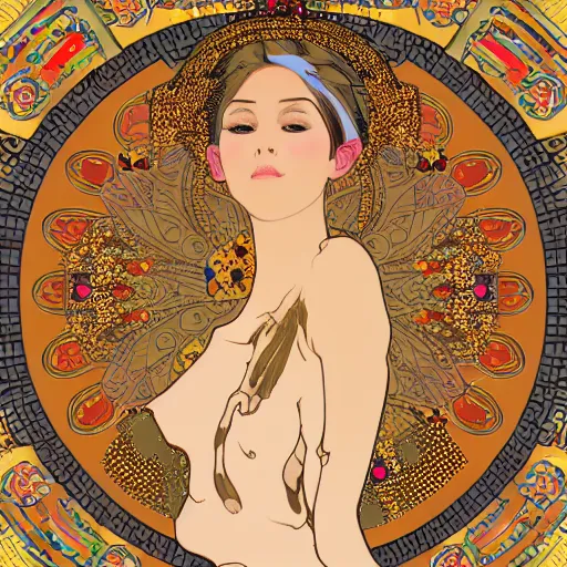 Prompt: vector illustration of an over tanned instagram influenza vulgar girl, siliconized, too much plastic surgery, big booty, artstation, art by gustav klimt - alphonse mucha