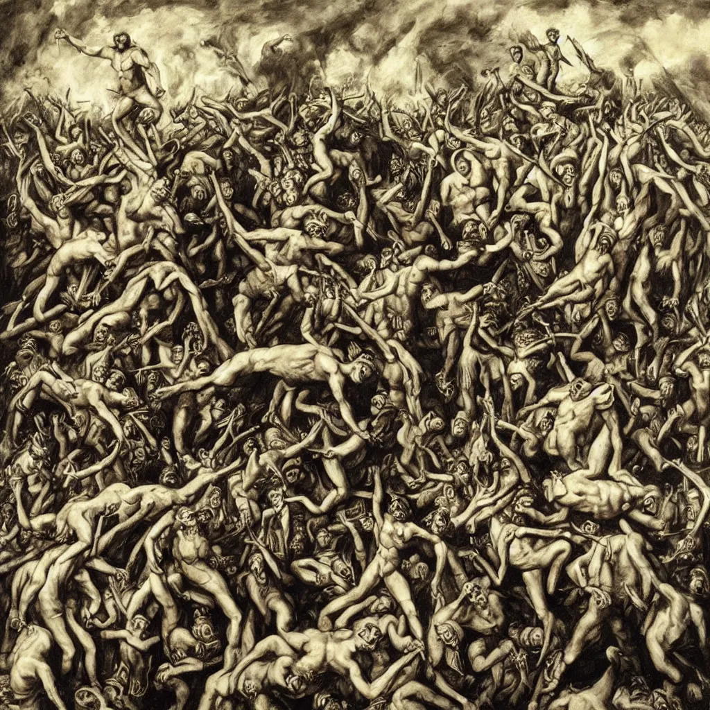 Prompt: Richard Dean Anderson as the Dictator of a socialist state surrounded by the stairway of hell. Surrealist painting by Gustave Courbet, Michiel Shrijver and M.C. Escher.