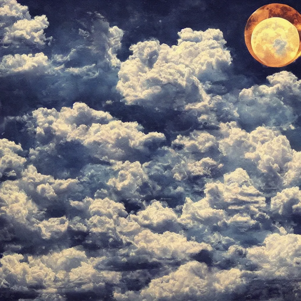 Image similar to surrealistic sky, clouds, moon, art