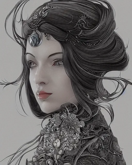 Image similar to portrait of a woman, art deco styl, e beautiful, mesmerizing, concept art, highly detailed, smooth, fantastical, cinematic, intricate linework, detailed and intricate environment, artstation, inspired by monstress, sana takeda