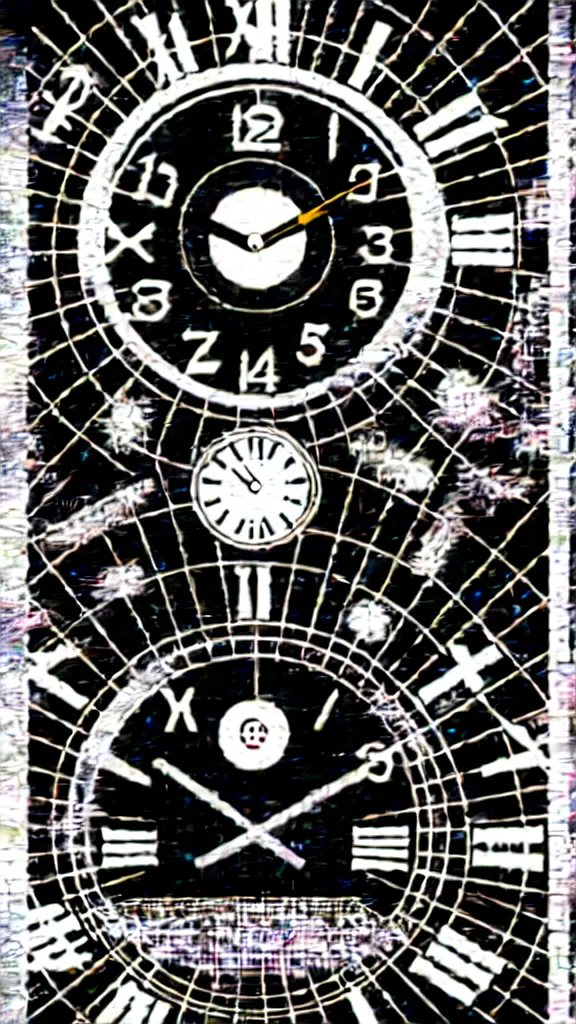 Prompt: a grainy photocopy of an anime style rave graphics poster with y2k brutalist gothic motifs and a photorealistic image of a clock in the style of GUCCIMAZE