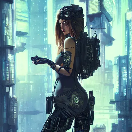 Image similar to highly detailed ana de armas as a cyberpunk character wearing far future cyberpunk clothes, intricate, elegant, highly detailed, digital painting, artstation, concept art, smooth, sharp focus, illustration, art by artgerm and greg rutkowski and alphonse mucha