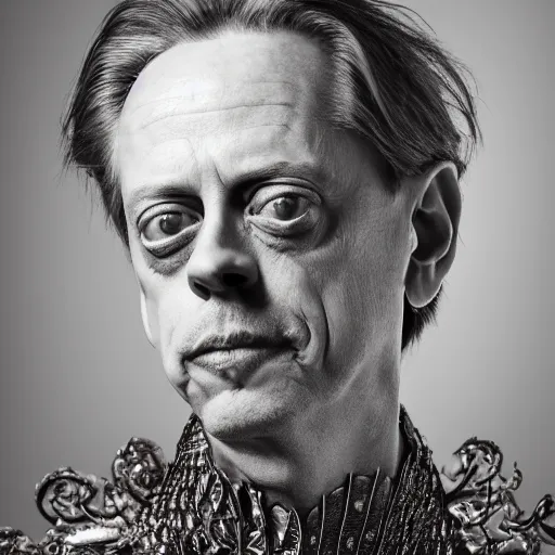 Prompt: 8 5 mm f 1. 8 photograph of steve buscemi wearing an ornate costume by iris van herpen, highly detailed, digital painting, artstation, smooth, sharp foccus, commercial photography, fashion shoot