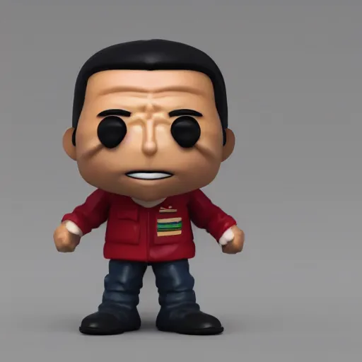 Image similar to 3 d render of funko pop figurine of hugo chavez. realistic. photo. photorealistic. detailed. high quality. high resolution. lossless quality. lossless. 8 k. hdr. 4 k. 8 k resolution. 1 6 k resolution