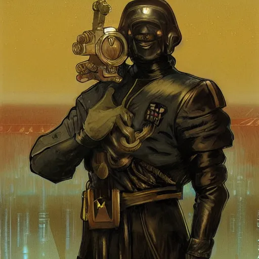 Image similar to portrait of rubbery, gaunt albino mutant with moist skin, sharp features, large lips, huge black eyes and determined expression, wearing fascist Byzantine police uniform and standing on cyberpunk docks, Dune concept art by Anato Finnstark, Alphonse Mucha, and Greg Rutkowski