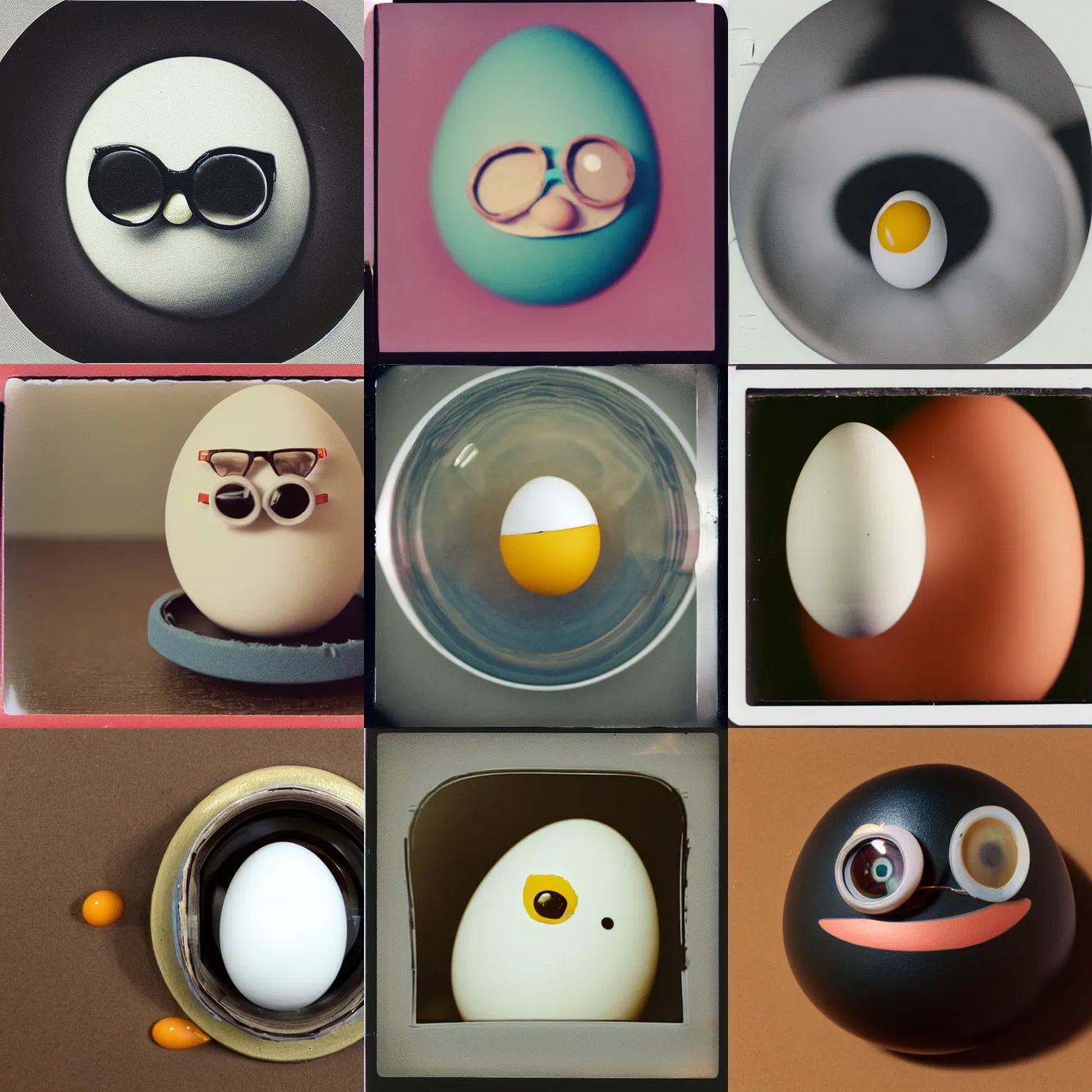 Prompt: a polaroid photograph of an egg with glasses, claymation, fisheye, close up